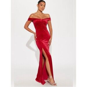 Fashion Nova Red Velvet Off-Shoulder Maxi Dress High Slit NWT XS S